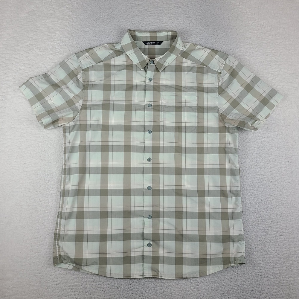 ARC'TERYX Shirt Mens XL Tan Brown Plaid Preppy Button Up Short Sleeve